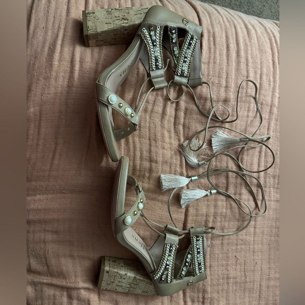 Elegant Tan‎ Beaded Heels with Tassels